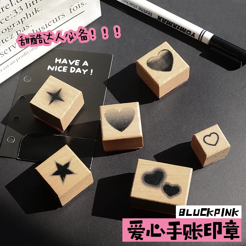 New sweet cool style wooden stamp Grid dots Hearts Stars handbook seal high value personality