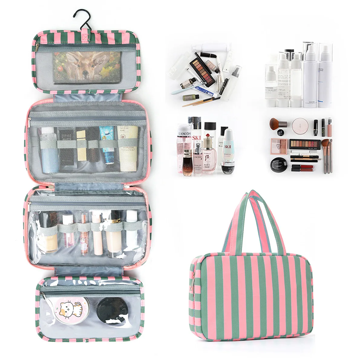 Foldable Four-Fold Stripe Cosmetic Toiletry Bag Wet And Dry Separation Portable Storage Organizer for Bath And Travel