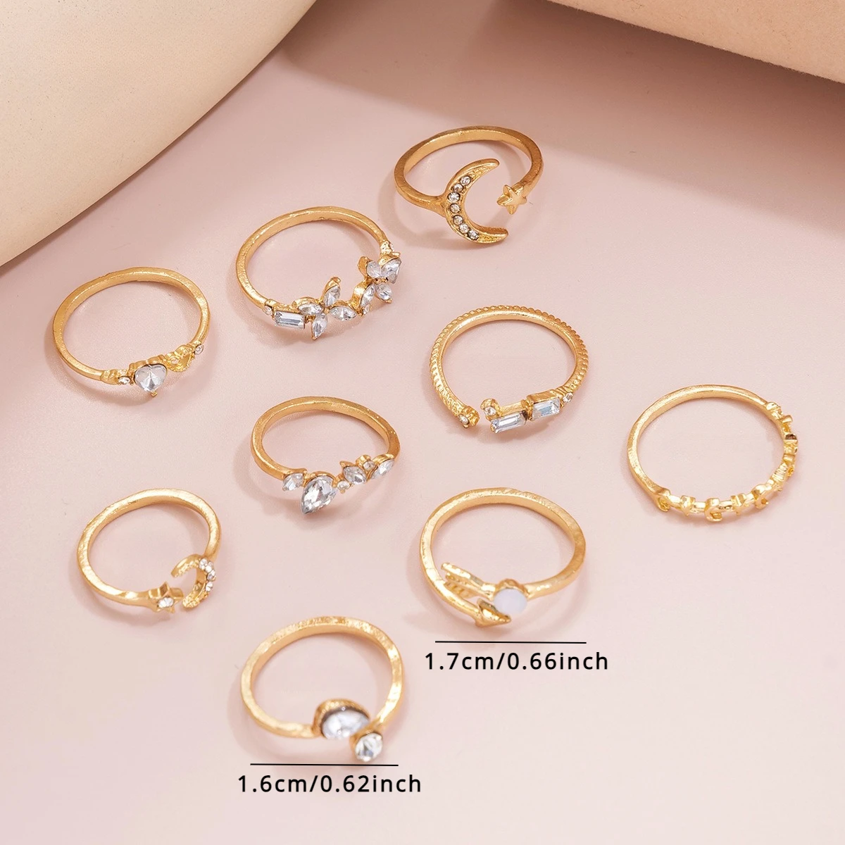 9pc Multi-style Heart Ring Alloy Material Glass Rhinrhinide Y2k Hip Hop Trend Fashion New Women Golden Combination Ring Creative image 4