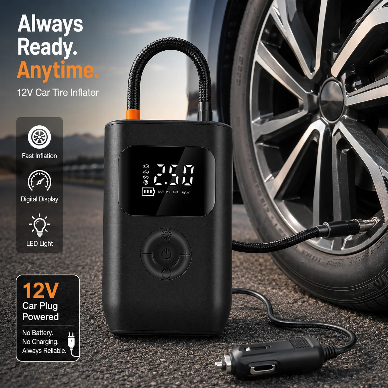 12V Car Tire Inflator, Portable Digital Air Compressor with LED Light, Car Cigarette Lighter Powered Tire Pump for Car Motorcycl