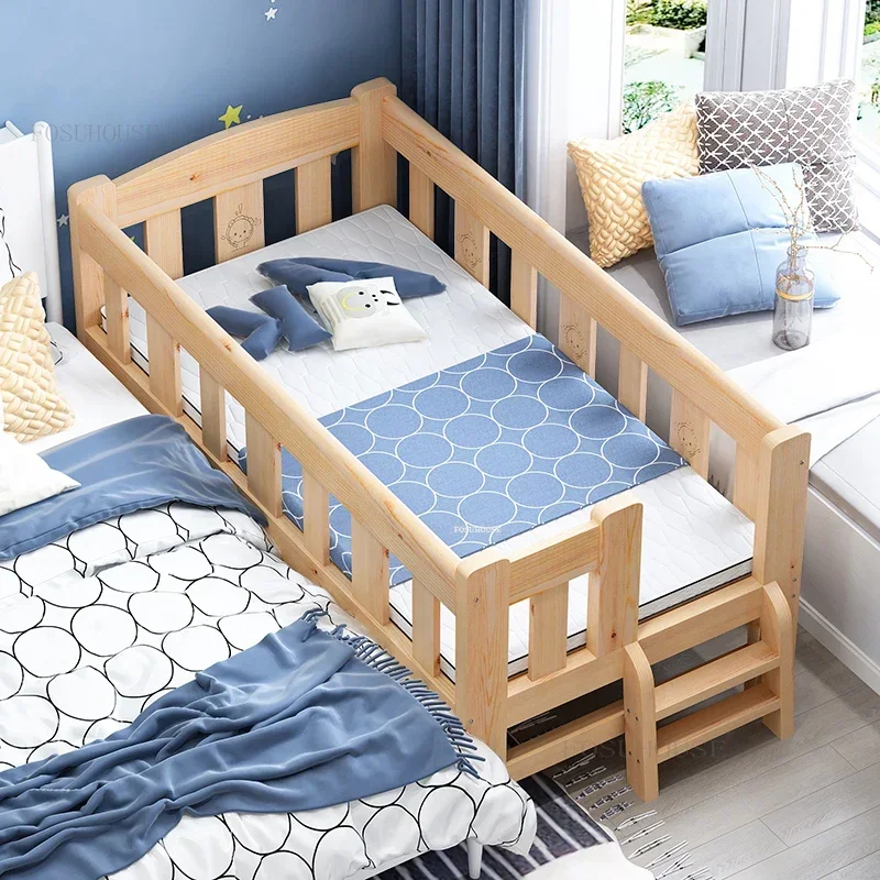 

Modern Solid Wood Small Children's Beds with Guardrails Single Bedside Bed for Boys and Girl Widened Spliced Large Bed Furniture