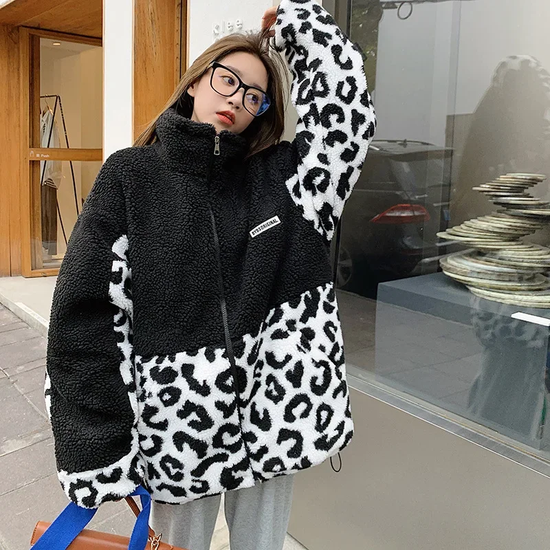 Abrigo de manga larga con solapa y estampado de leopardo de vaca para mujer, chaqueta cálida de doble cara, piel sintética, tendencia de moda, invierno, nuevo