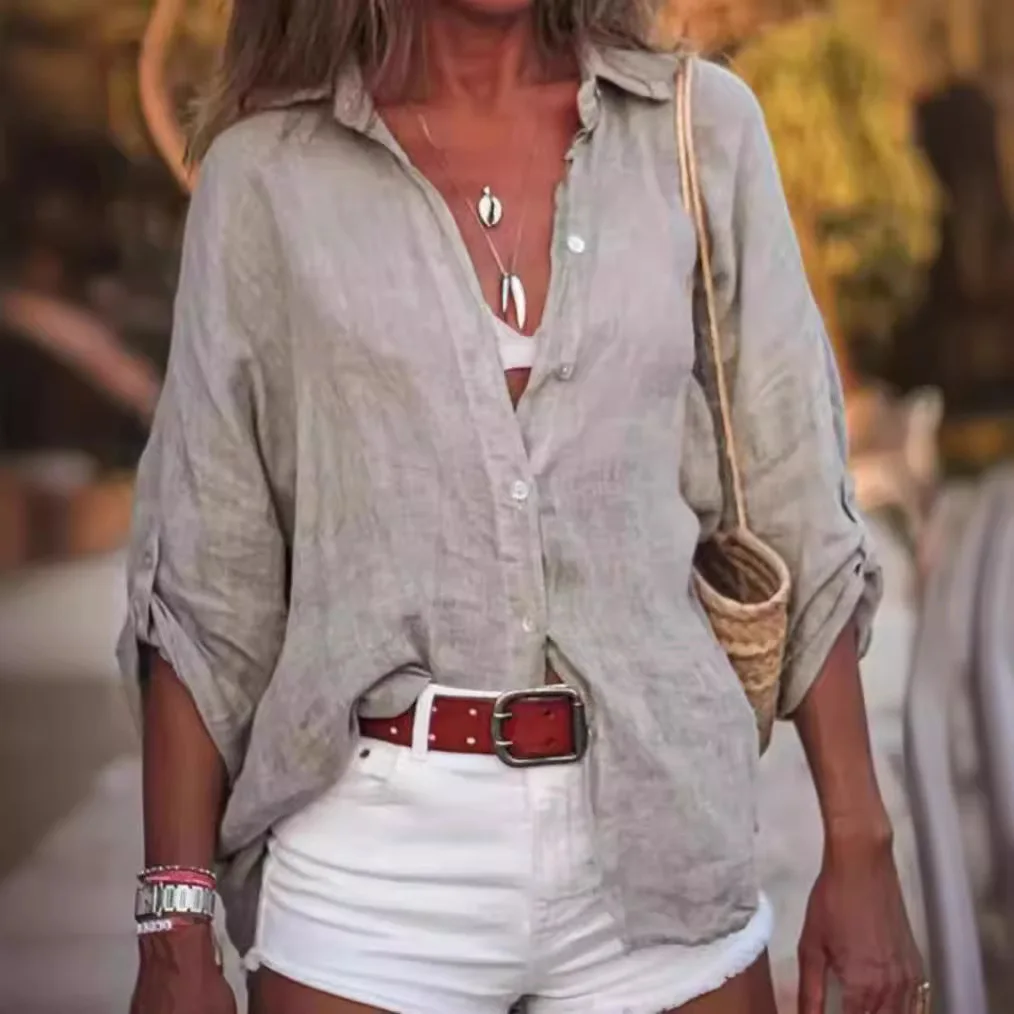 

Women Cotton Linen Blouse Shirt Summer Female Turn Down Collar Three Quarter Loose Blouse Tops Woman shirts & blouses