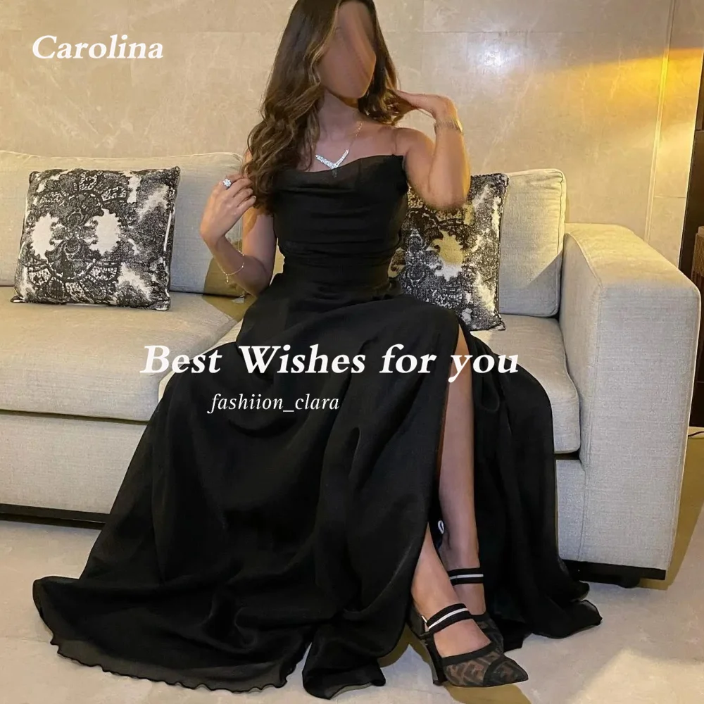 Gaun malam A-Line hitam tanpa tali Carolina gaun pesta Formal elegan tamu pernikahan punggung terbuka Organza Arab Saudi wanita