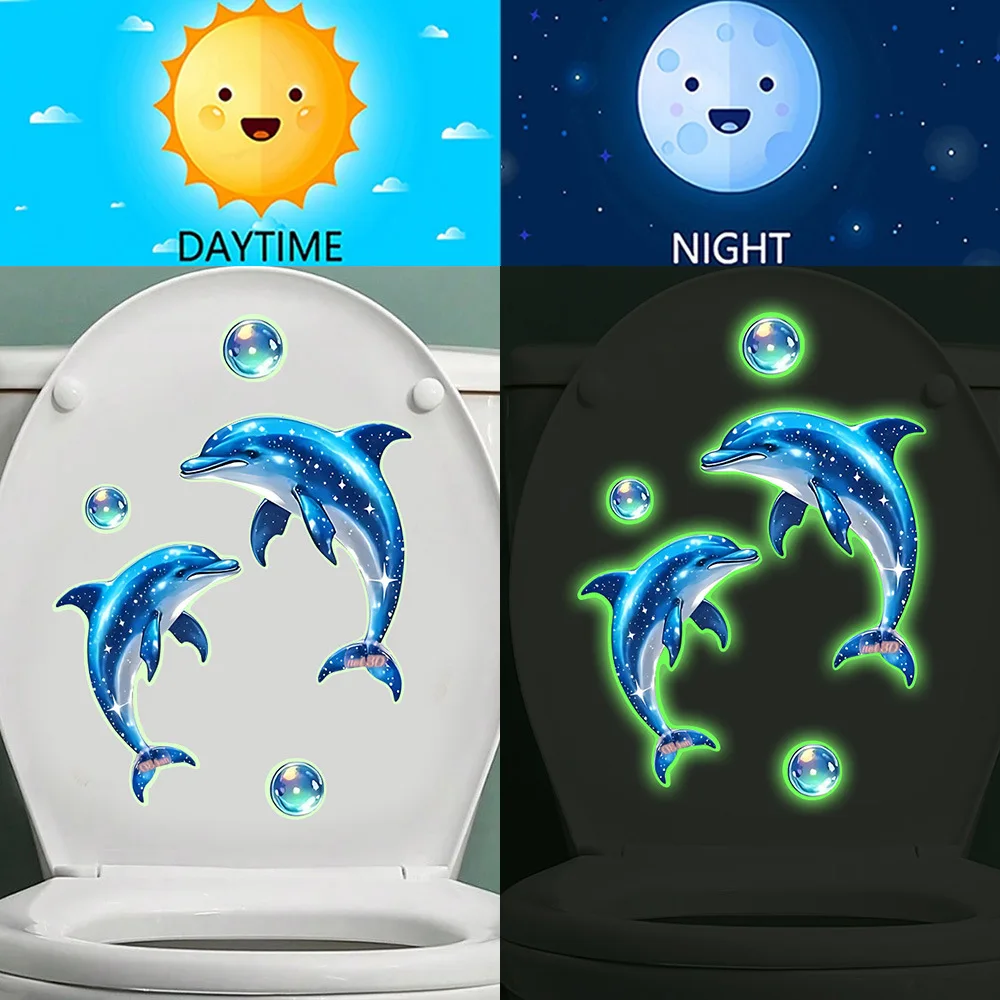Glow in The Dark Dolphin Bubbles Bathroom Wall Stickers Creative Decals for Toilet Bathtub Shower Tile Home Decor Self-Adhesive