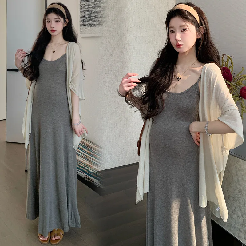 Maternity Suit Summer 2026 Gentle Elegant Temperament Gray Spaghetti Strap Dress And Cardigan Two Piece Set For Pregnant Women