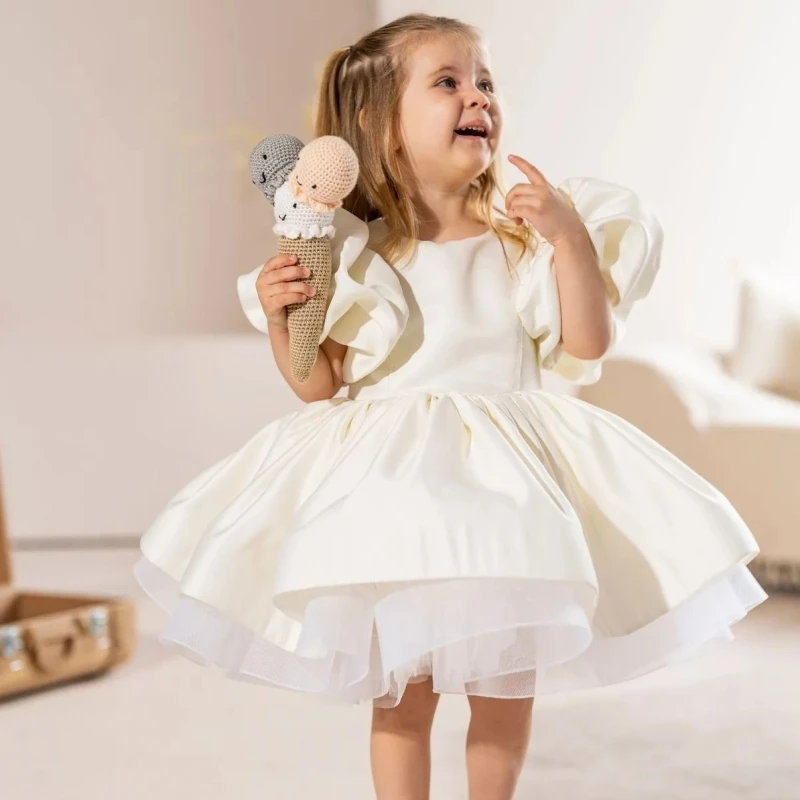 

White Flower Girl Dresses Satin Puffy Tiered With Bow Short Sleeve For Wedding Birthday Party Holy Communion Gowns