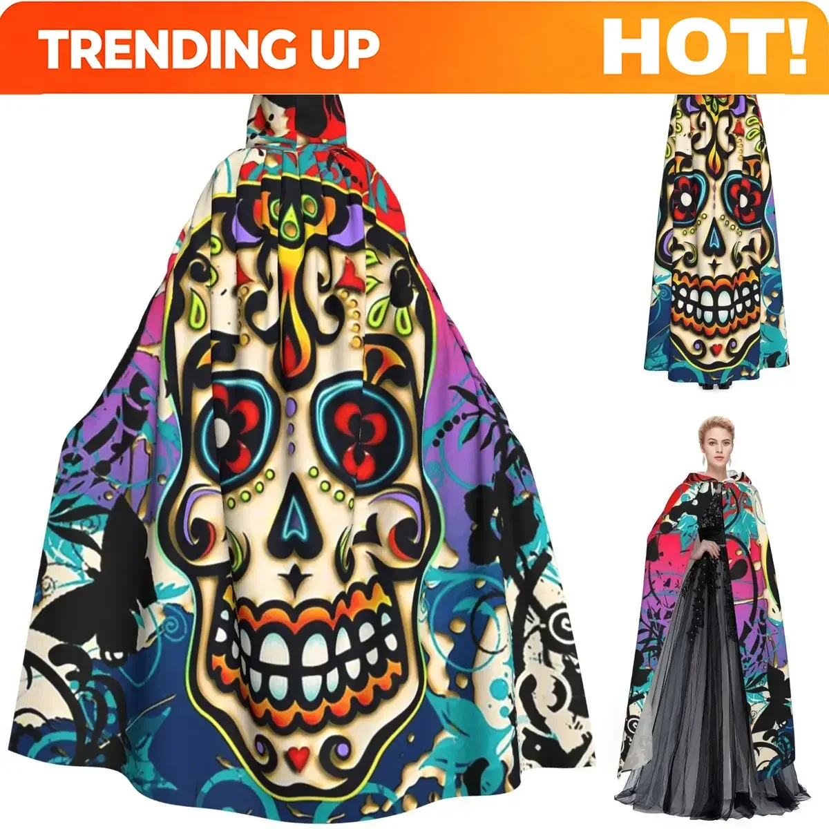 Customization Mexican Sugar Skull Day Of The Dead Dias De Los Muertos Long Hooded Cloak Witch Medieval Costume Cosplay Cape Hall