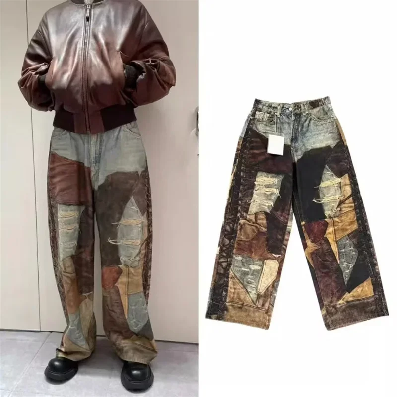 Autumn Retro 3D Printed Patchwork Baggy Jeans Men's Ripped Straight Wide-Leg Denim Trousers 2025 Y2K Streetwear Distressed Jean