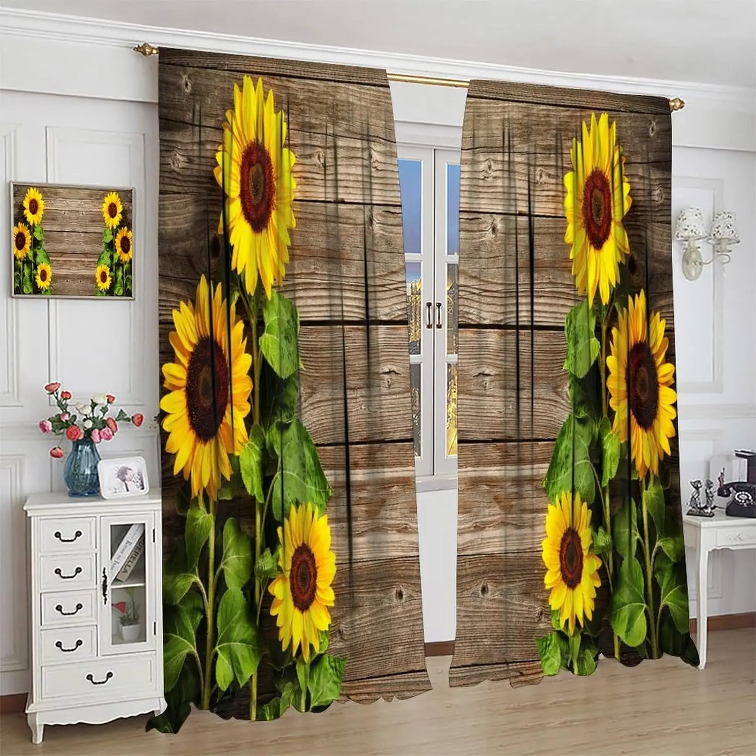 

Sunflower Curtains, Country Style Sunflower Wood Window Decor for Living Room Bedroom Yellow Floral Farmhouse Country Curtains