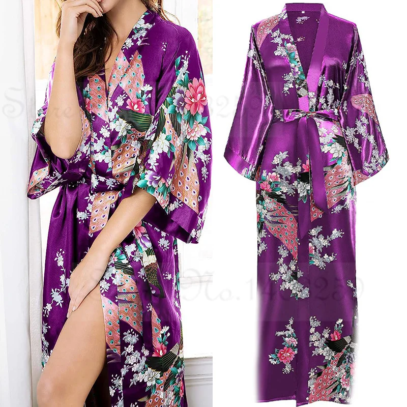 Large Size 3XL Flower Kimono Bathrobe Gown Women Long Robe Nightgown Print Peacock Satin Sleepwear Home Dress Loose Loungewear