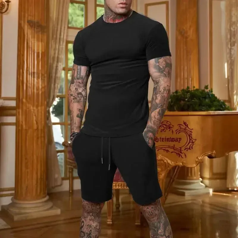 

2025 summer new men's breathable sportswear short sleeved t-shirt and shorts set popular quick drying clothing