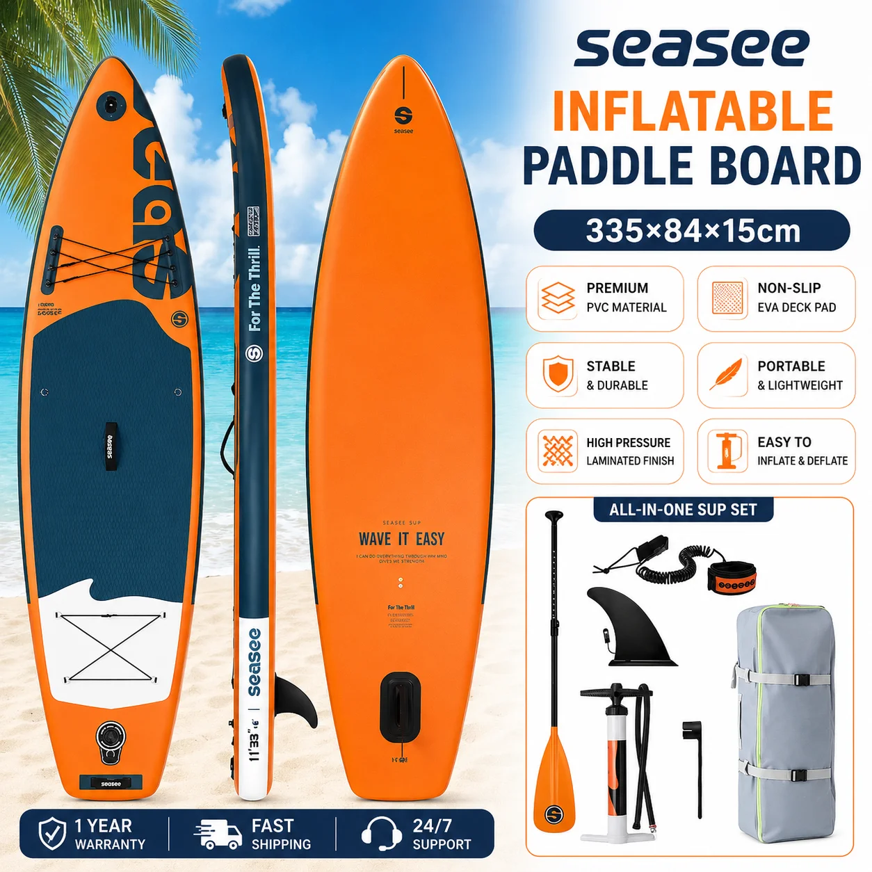 Planche SUP gonflable de grande taille 335 × 84 × 15 cm, planche de natation gonflable, surface antidérapante, adaptée aux sports nautiques en plein air.