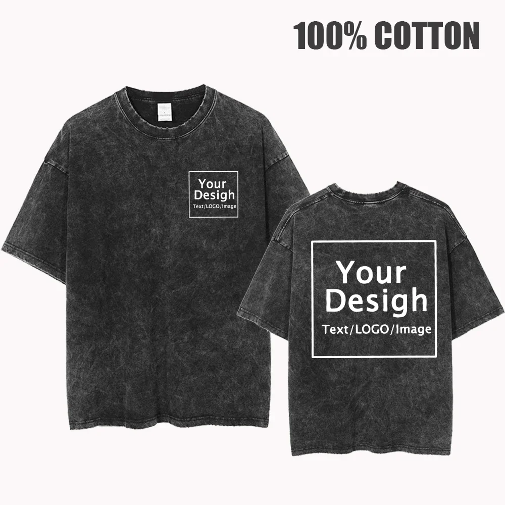 Custom T-shirts Free Printing Logo Oversized Hip Hop Streetwear Men\'s Summer 100% Cotton Washed T Shirt Brand Personalized Tops