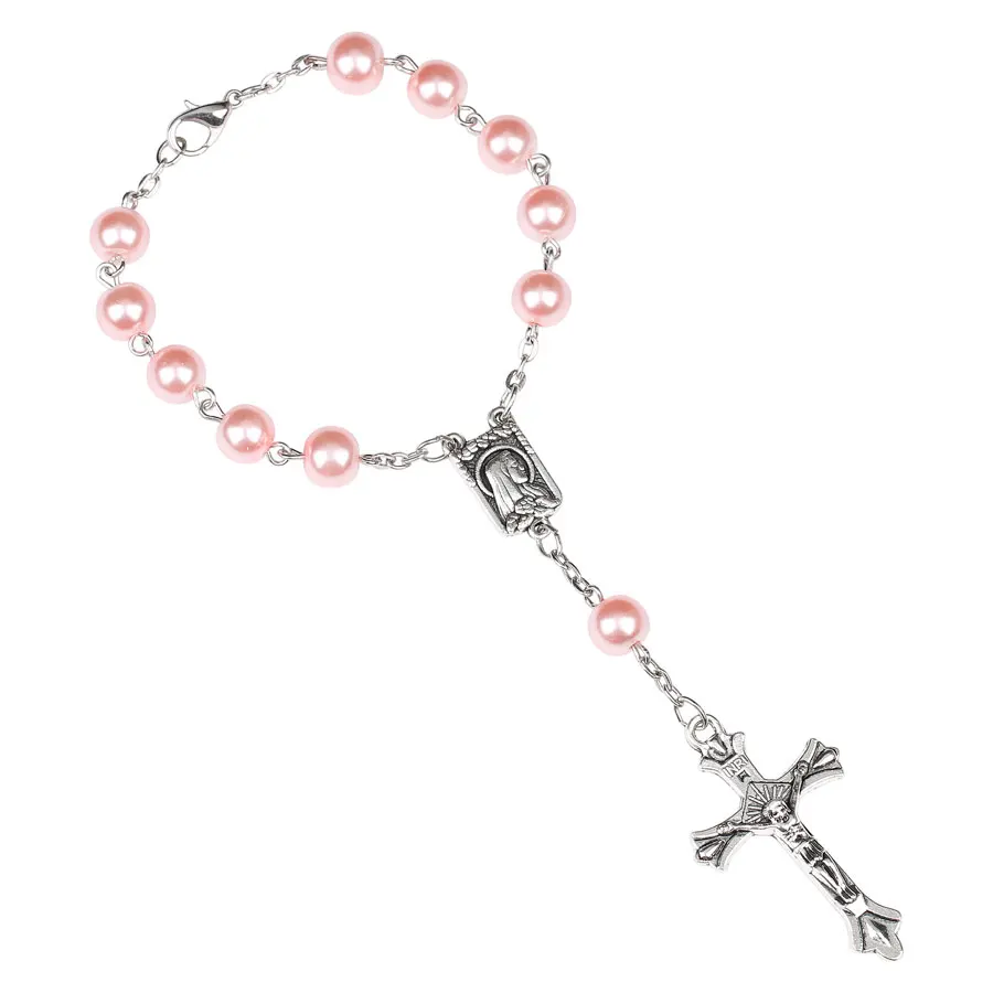 Catholic Rosary Bracelet 8MM Pink Glass Beads Chain Bangle For Women Christening Cross & Jesus Pattern Charm Pray Jewelry