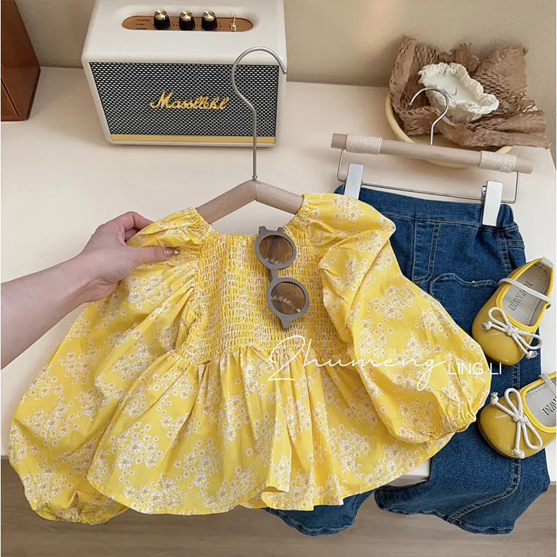 Spring Kids Sets Girl Bubble Sleeve Yellow Floral Shirt Top+Jeans 2 Peices Children Denim Trousers