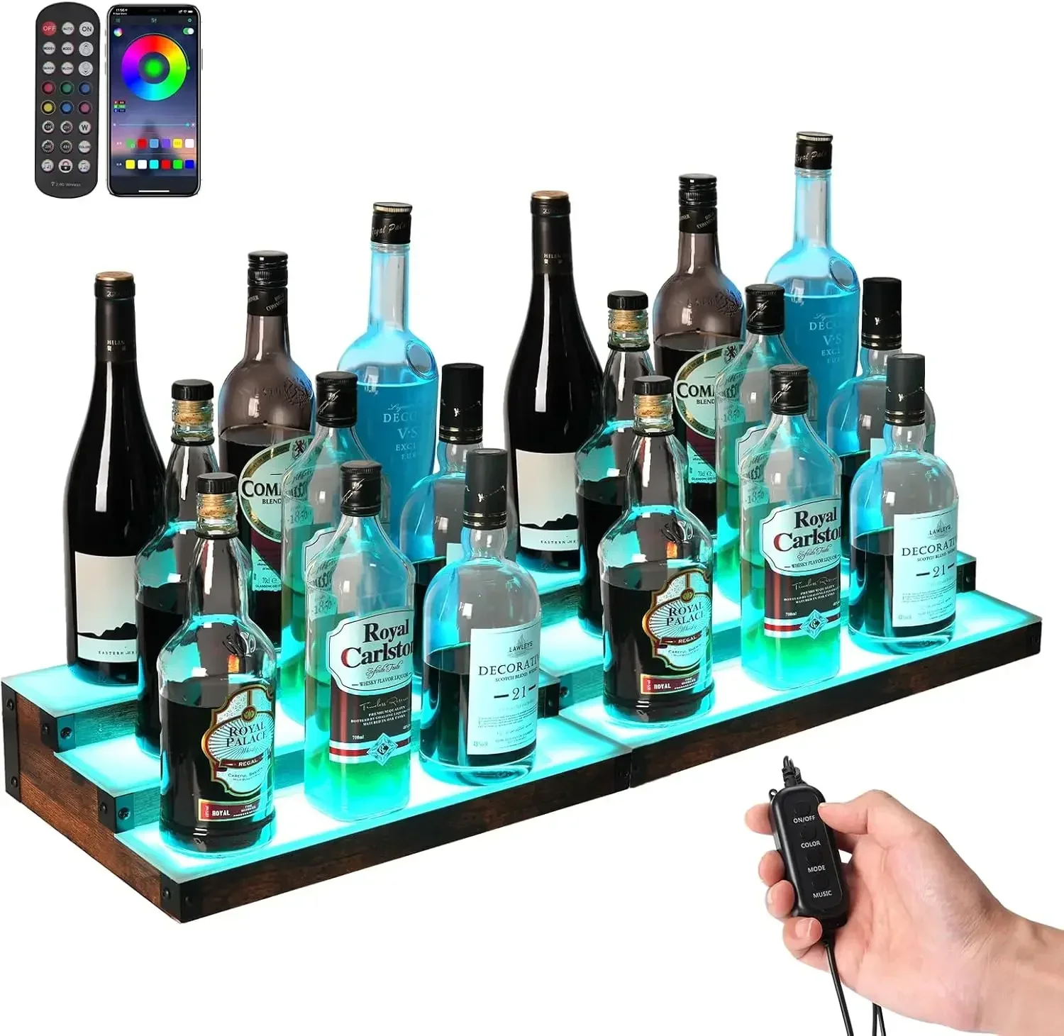2-Pack 16‘’ LED Lighted Liquor Display, 3-Tier 30Inch Total Bar Shelves for Liquor Bottle, Illuminated Home Bar Shelf with RF &