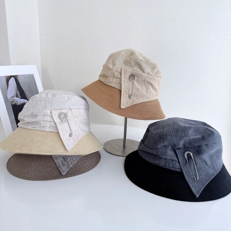 French Vintage Brooch Stitched Straw Hat  Stylish Fashionable Women Beach Hat With Wide Brim Sun Protection Shade
