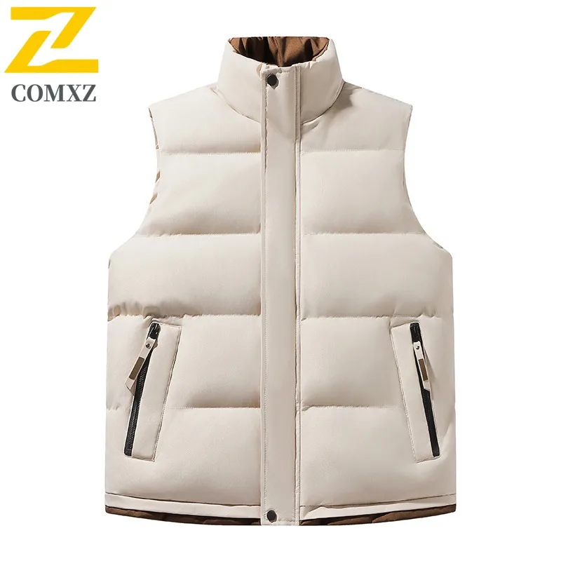 COMXZ  New Cotton Vest Fashion Stand Collar Men Winter Thickened Warm Vests Plus Size Sleeveless Sports Cold Proof Two Zip Gilet