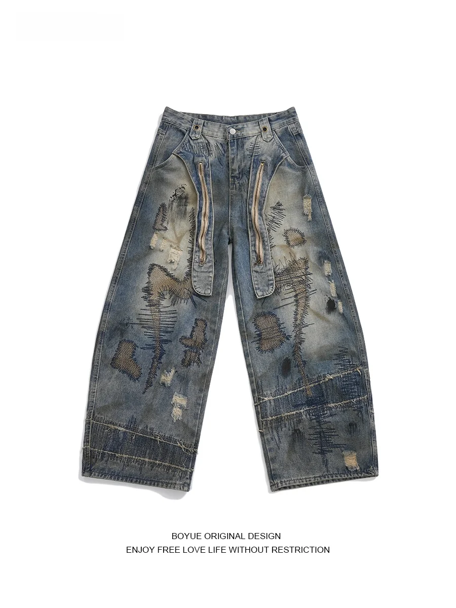

Boyue American Heavy Industry Random Needle Embroidery Jeans Street Old Sle Waste Lacapes Bend Knife Wide Leg Pants Men