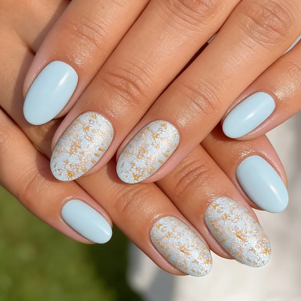

24Pcs Short Round Head Full Cover Nails Tips with Golden Shiny Powder Design Fake Nails Art Simple Wearable Press on False Nails