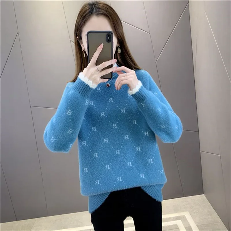 Half-Turtleneck Mink Velvet Sweater Women\'s Coat Autumn Winter 2023 New Jacket Pullover Short Loose Knit Bottoming Shirt Female