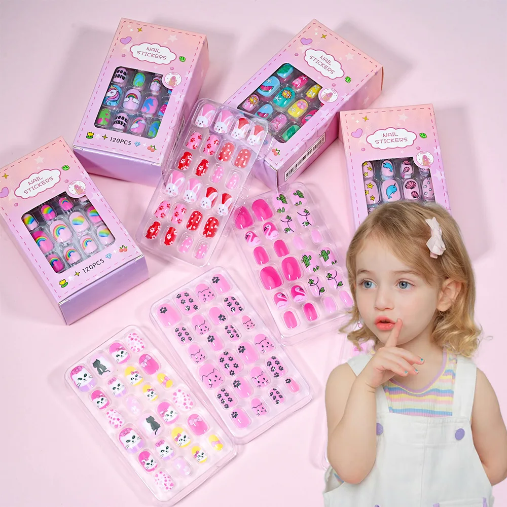 

120pcs/box Cartoon Children's Press On Nails Cute Girls Candy Cat Unicorn Bunny Kids Fake Nail Full Cover Child False Nail Tips#