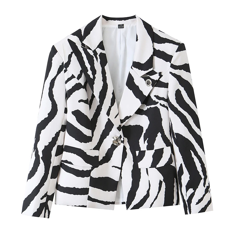 YENKYE Women Zebra Print Blazer Notched Lapel Single Button Long Sleeve Flap Pockets Trendy Streetwear Casual Party Outerwear
