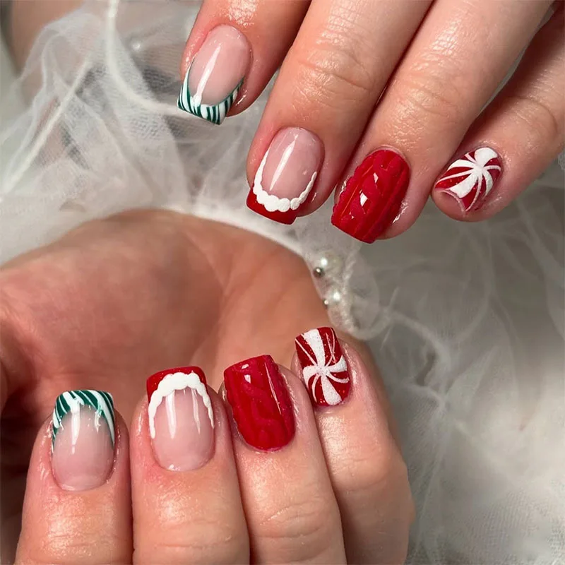 24pcs Short Square False Nails Christmas Snowflake Red Press on Nails Windmill Pattern Fake Nail Tips Reusable Full Cover Nail