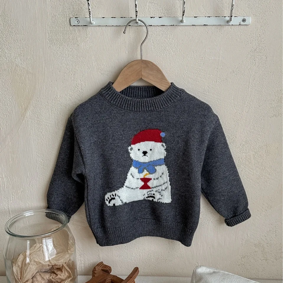 

​​2025 Fall Kids Sweater Korean Style Cartoon Bear Print Knit Top Cute Unisex Boys Girls Pullover Warm Soft