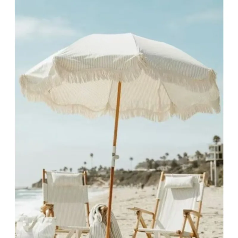 Hot Sale Wooden Canvas Waterproof Patio Pool Garden Wooden Outdoor Beach Sun Umbrella with Tassel