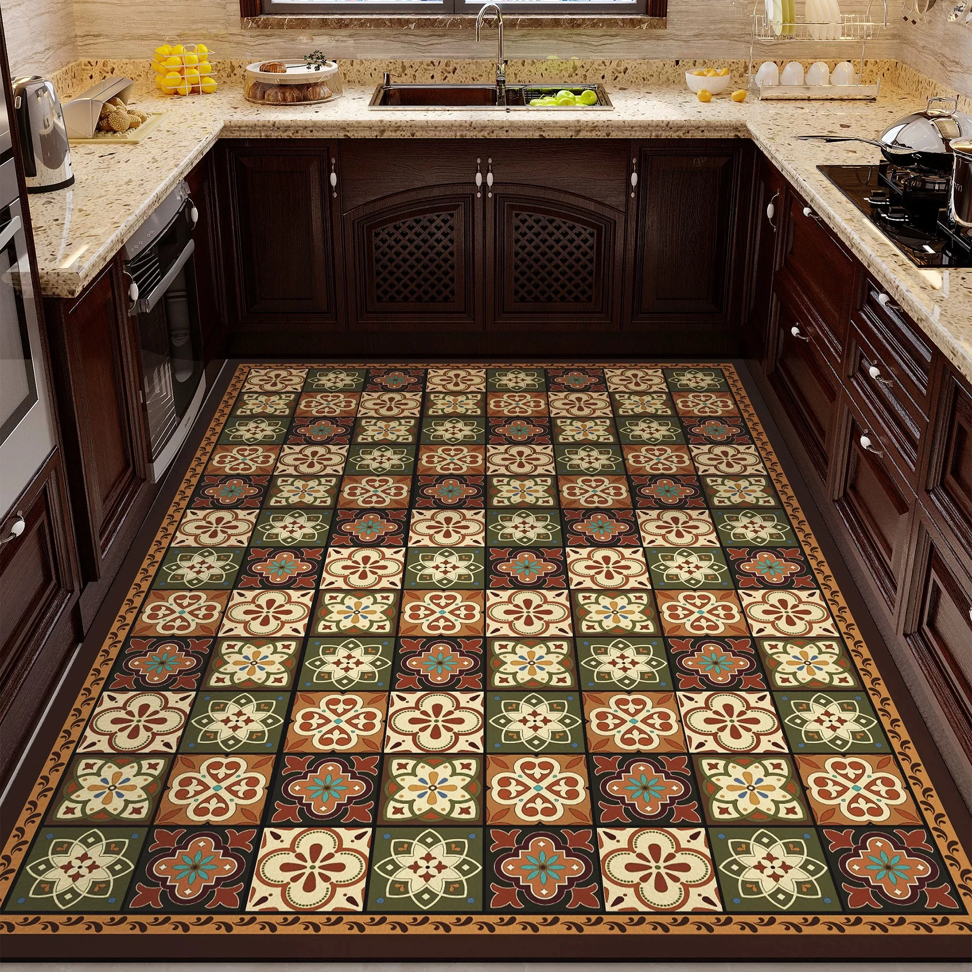 Kitchen Rug Non-slip Floor Mat Moroccan-style Vintage Light Luxury Mats Dirty Resistant Easy Clean PVC Leather Washable Mat 주방매트