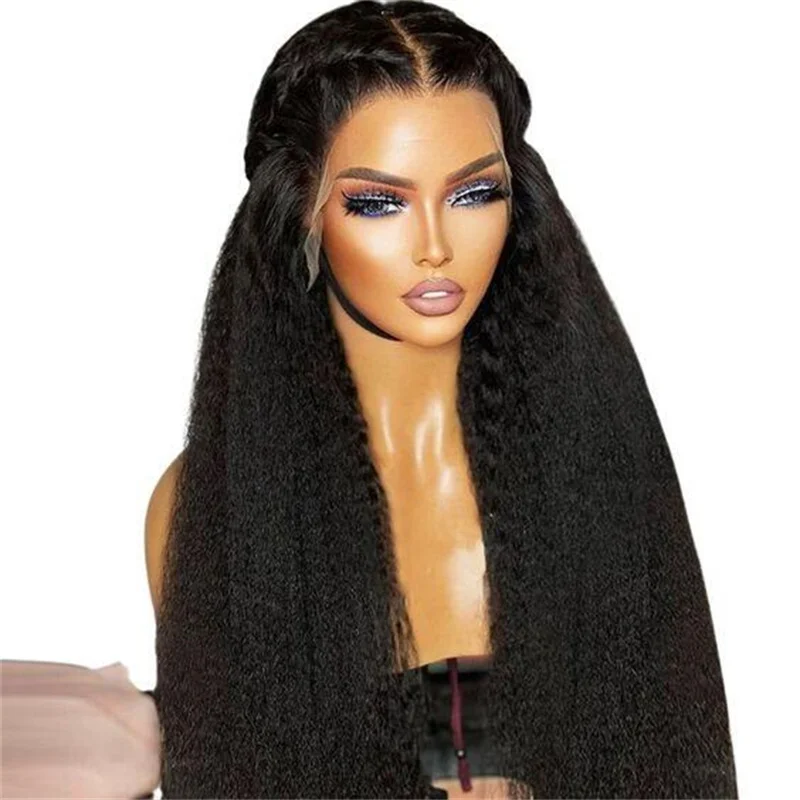 Yaki Kinky Straight Lace Front Wig com cabelo de bebê para mulheres, macio, natural, preto, longo, sintético, pré-arrancado, sem cola, desgaste diário, 26"