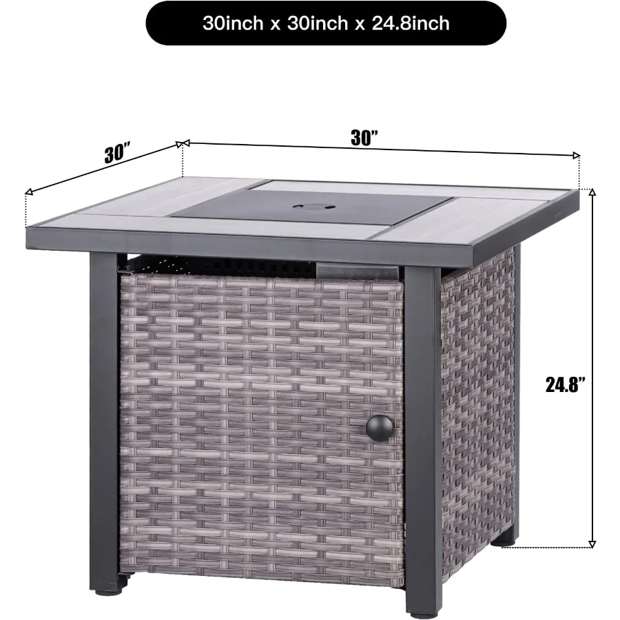 30 طاولة حفرة نار من البروبان مع سطح طاولة من السيراميك الحقيقي ولوحة جانبية من الروطان بقدرة 50000 وحدة حرارية بريطانية مع غطاء وصخور زجاجية #5