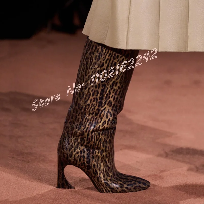 

Autumn Leopard Print Special Heel Knee-High Boots Round Toe Slip-On Straight Boots Elegant Luxury Catwalk Dress Women'S Boots 43
