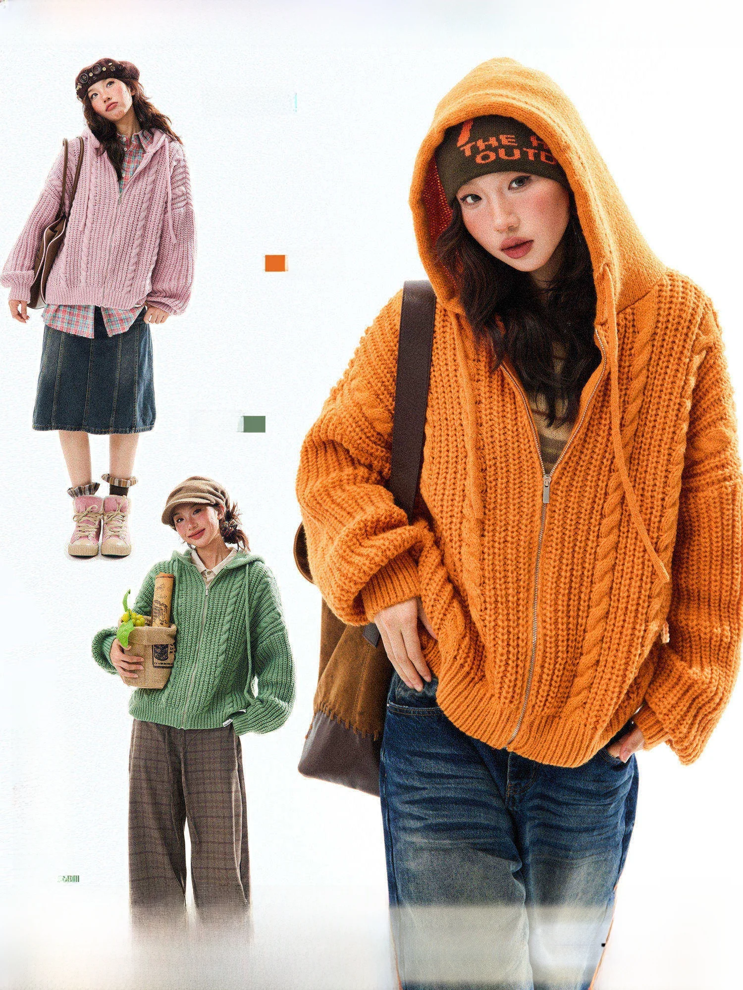 

Loose Women's Knitted Pumpkin Orange Twist Sweater Coat Casual Sle Long Sve Zipper Closure Hooded Knitwear for Autumn