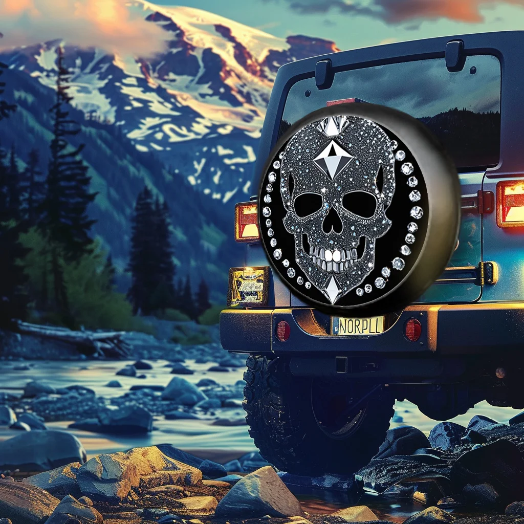 Diamond Skull Tire Cover Gothic Luxury Polyester Protector for SUV Truck Spare Wheel