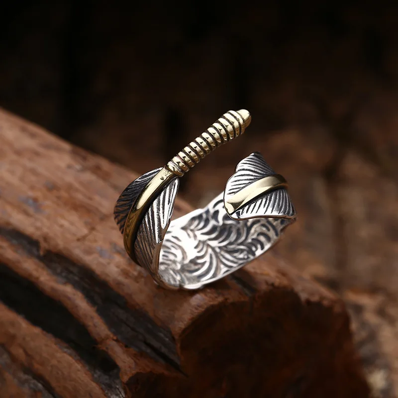 925 sterling silver ring Seiko feather ring ring opening Thai silver vintage trendy unique ornament