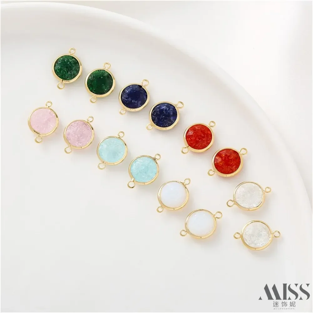 Sac en faux verre doré 18 carats, pièce de connexion à double trou à bord doré, matériau fait à la main, pendentif rond polyvalent en verre rouge.