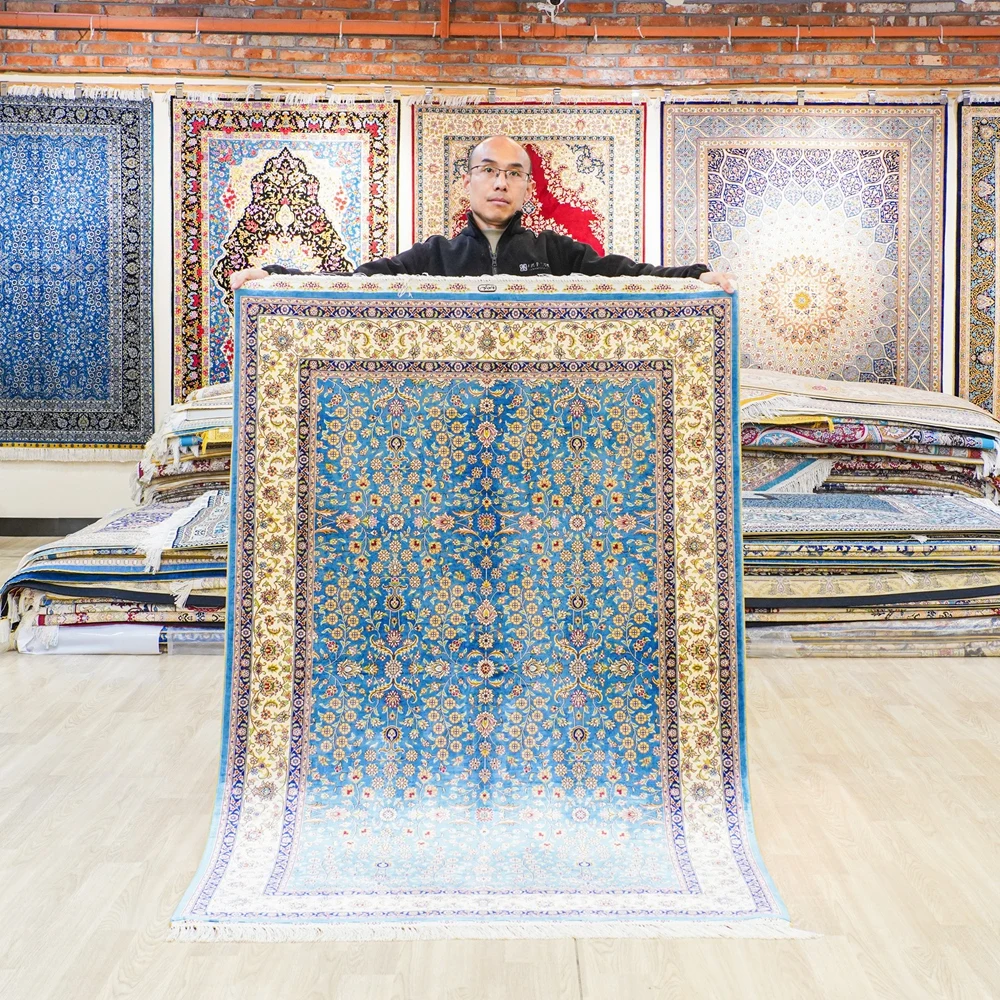 122x183cm Persian Silk Carpet Handmade Exquisite Blue Oriental Area Rug