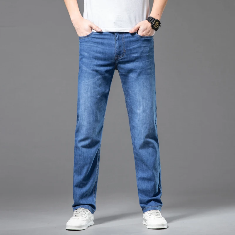 Jeans d'été minces pour hommes, pantalons longs décontractés, droits, vêtements pour hommes d'affaires, bureau, américains, nouveau, 2024