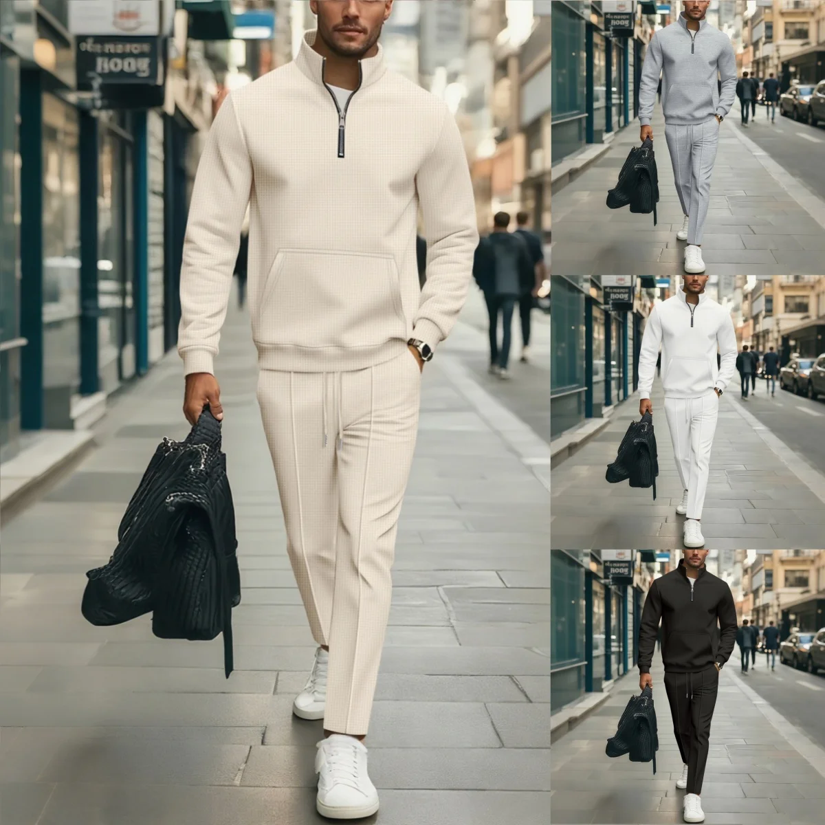 

Men's Casual Sports Suit Spring Autumn Comfortable Waffle Fabric Stand-Up Collar Long-Sleeved Top with Pocket Two-Piece Set