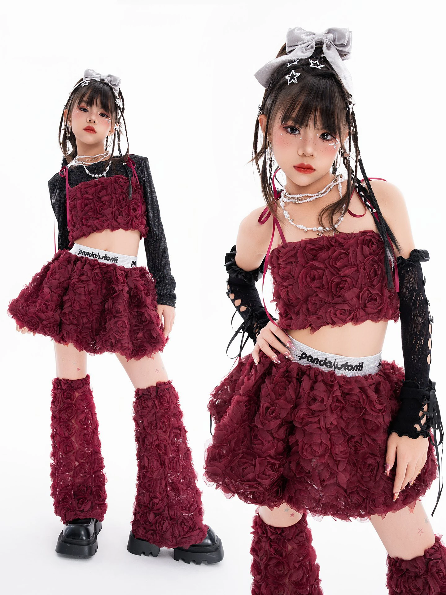 

Милый модный костюм для джазовых танцев для девочек, топы с цветами, юбка с рукавами до середины икры, костюм для подиума, сценический костюм, концертный наряд Kpop L17514