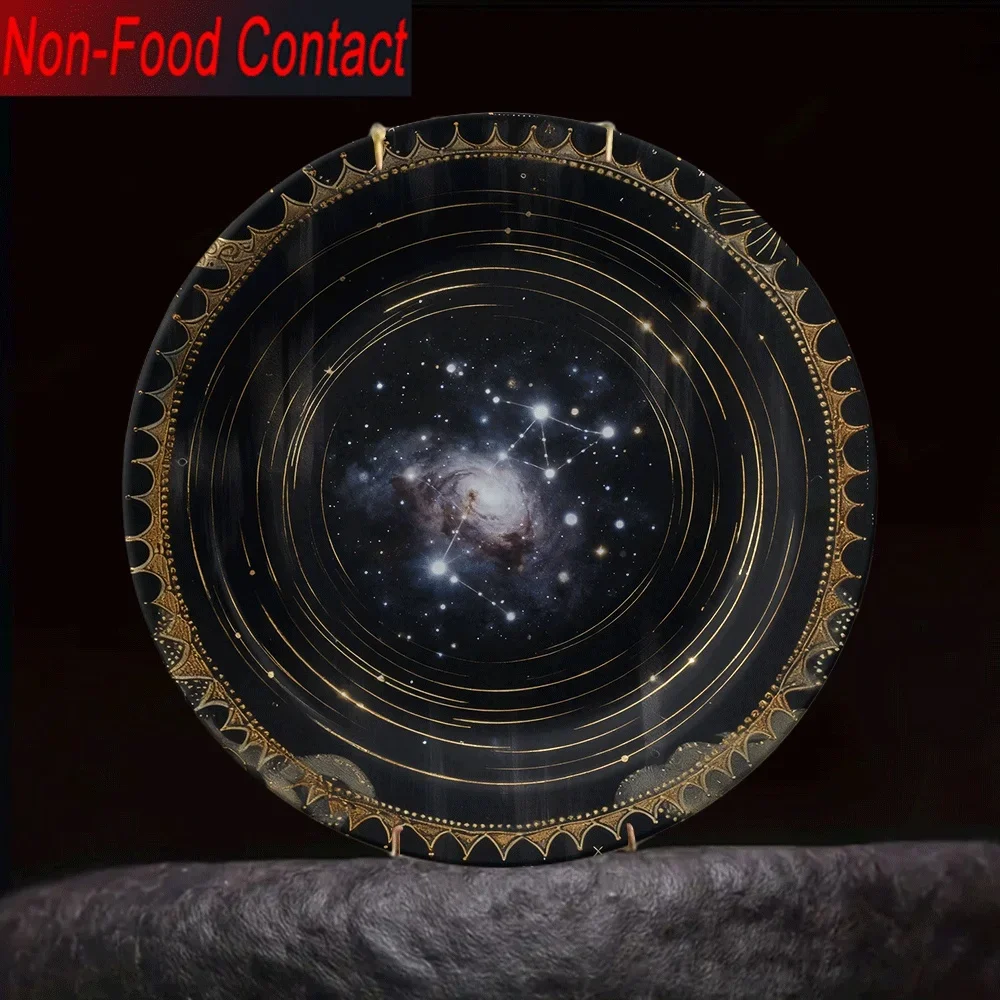 1pc Large Round Ceramic Decorative Plate - Elegant & Golden Space-Themed Wall Art with Orbiting Planets & Stars, Non-Food
