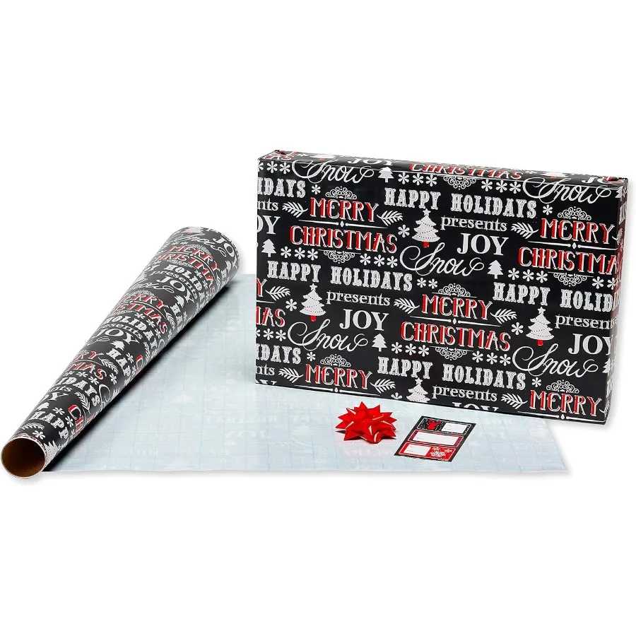 مجموعة ورق تغليف عيد الميلاد الريفي منقوش باللونين الأحمر والأسود مع رقاقات الثلج وتصميم الرنة لتغليف هدايا العطلات