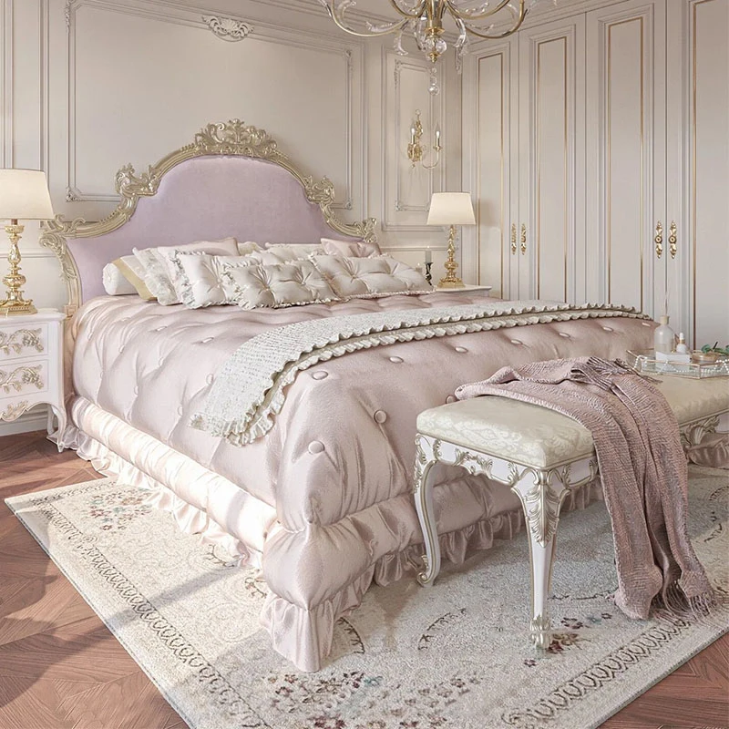 French light luxury solid wood bed Princess bed wedding bed Big bed carved royal European luxury master bedroom double bed