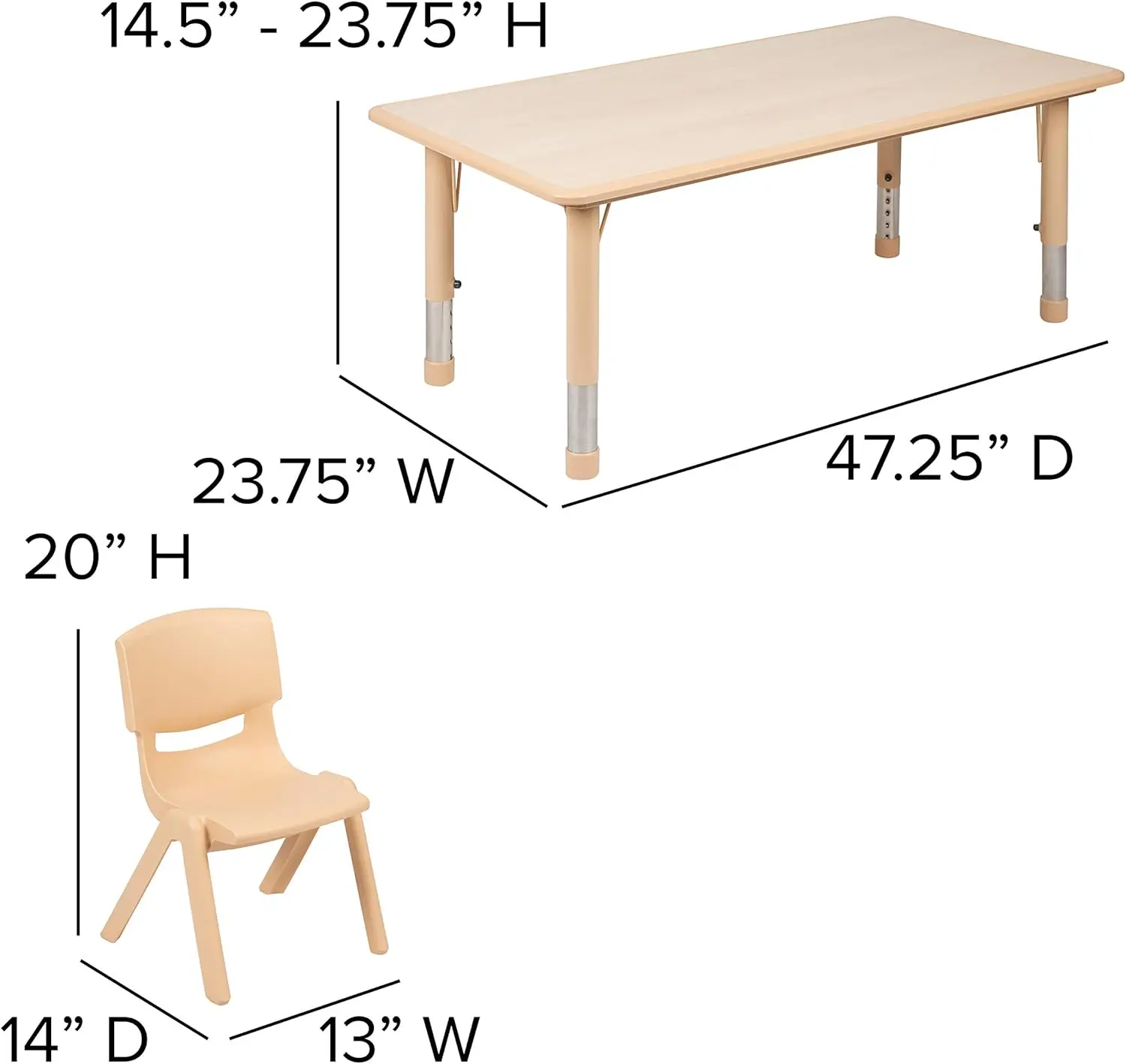 23,625" L x 47,25" L Conjunto de mesa de atividades retangular de plástico natural com 4 cadeiras