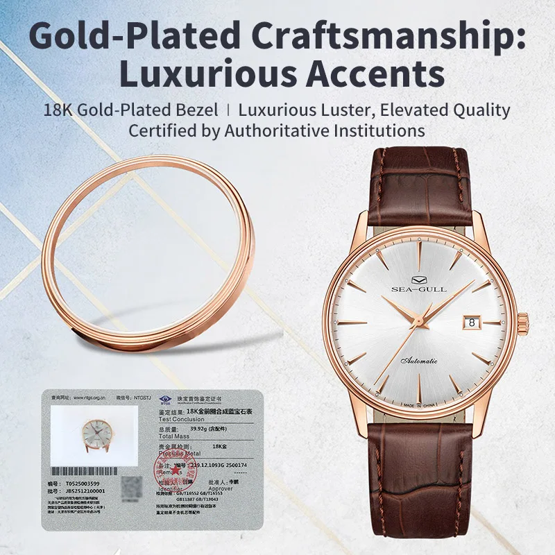 Jam Tangan Mekanik Pasangan Sea-Gull Berlapis Emas 18K 9mm Ultra-Tipis Tanggal Mewah Otomatis Jam Tangan Baja Tahan Karat 316L 1093G