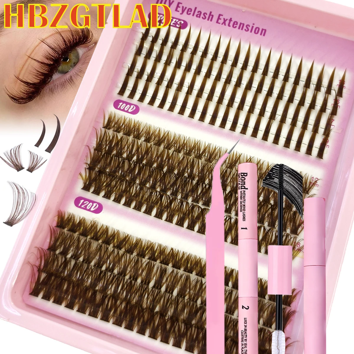 HBZGTLAD Spikes 40P-120P Braune Wimperncluster natürlich 240 Clusters Faux Cils DIY falsche Wimpern Set Kleberpinzette
