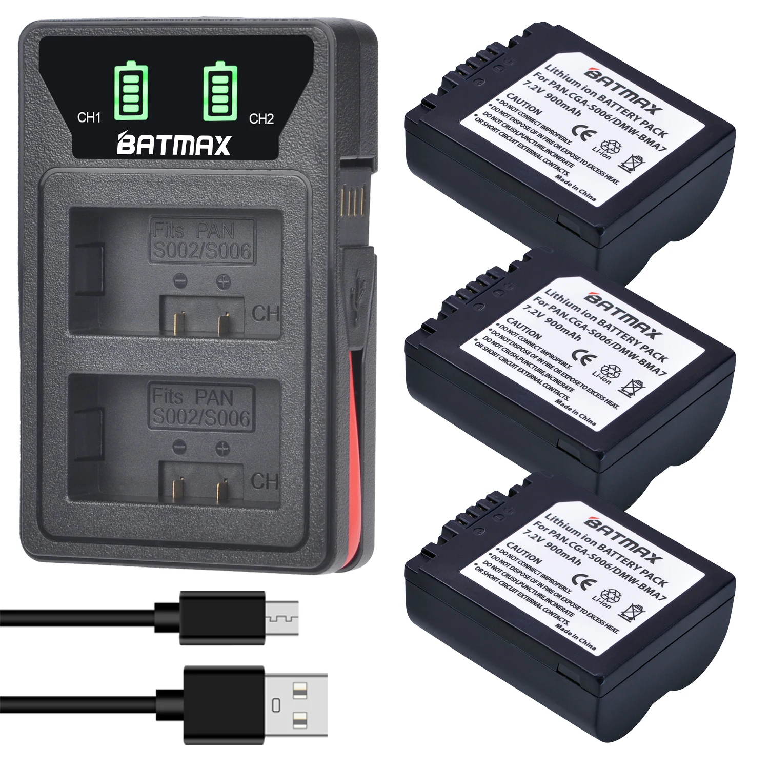 3Pcs CGA-S006 DMW-BMA7 Rechargeable Batteries + USB Dual Charger for Panasonic DMC-FZ7 FZ8 FZ18 FZ28 FZ30 FZ35 FZ38 FZ50 Cameras